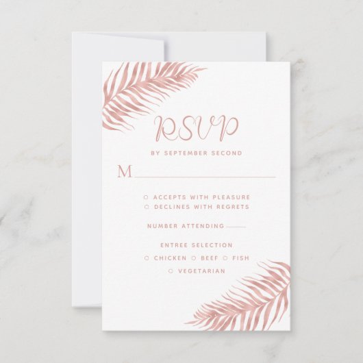 Moderne Palmenleaf-Rose Gold White Wedding RSVP Karte (Vorderseite)