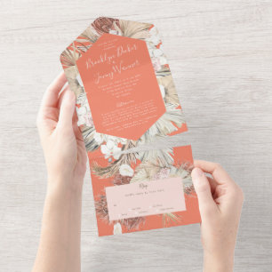 Moderne Pampas Boho Korallen Tropical Cream Hochze All In One Einladung