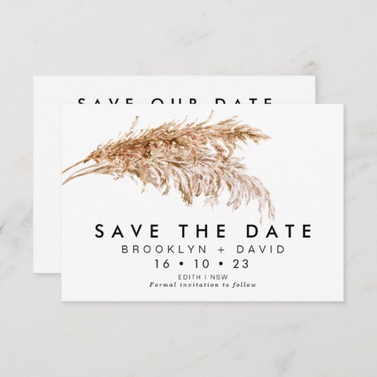 Moderne Pampas-Gras-Hochzeit spart die Datumskarte Einladung (Vorne/Hinten)