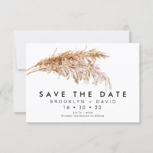 Moderne Pampas-Gras-Hochzeit spart die Datumskarte Einladung
