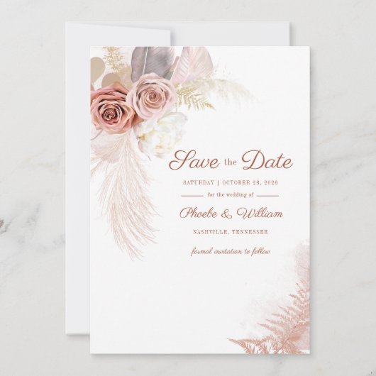 Moderne Pampas Grass Floral Script Save the Date (Vorderseite)