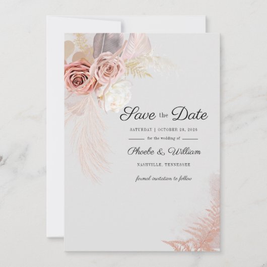 Moderne Pampas Grass Floral Script Save the Date (Vorderseite)