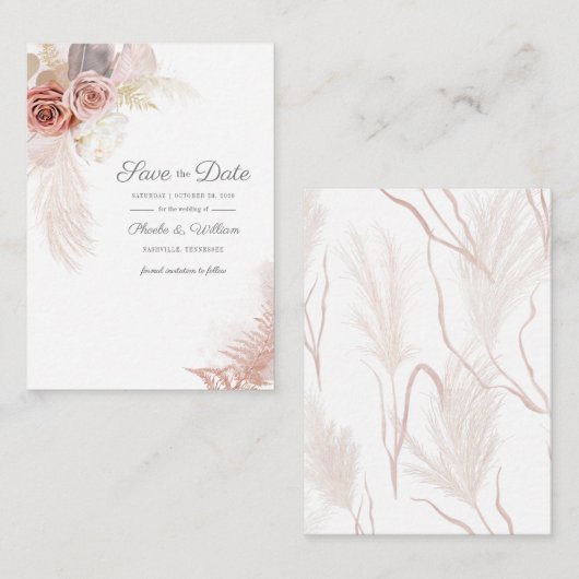 Moderne Pampas Grass Floral Script Save the Date Mitteilungskarte (Vorne/Hinten)