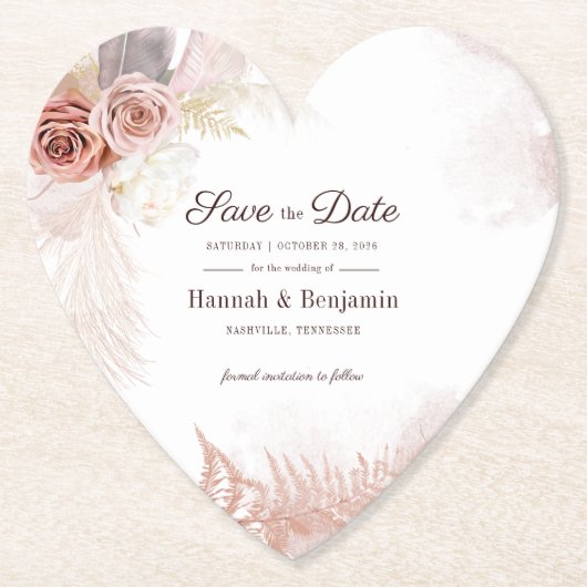 Moderne Pampas Grass Floral Script Save the Date Untersetzer (Vorderseite)
