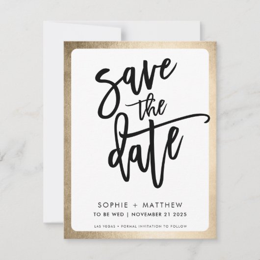 MODERNE Pärchen schreiben Imitate Goldgrenze Save The Date (Vorderseite)
