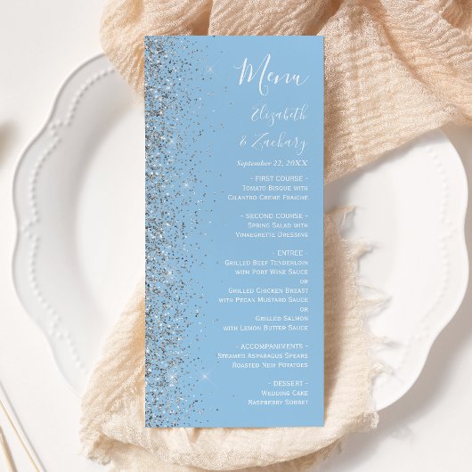 Moderne Pastel Baby Blue Silver Glitzer Wedding Menükarte