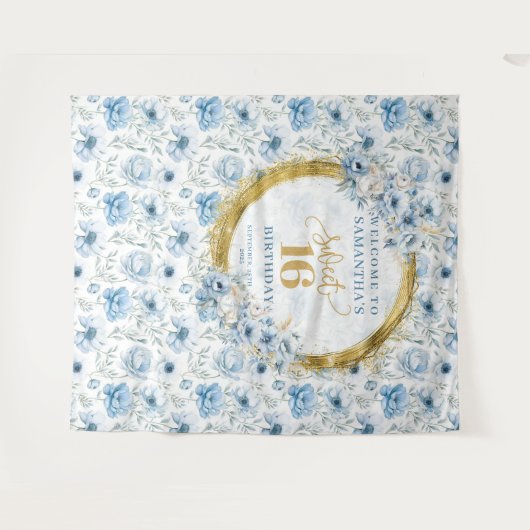 Moderne Pastel Blue Sweet 16 Gold Glitzer Hintergr Wandteppich (Vorderseite (Horizontal))