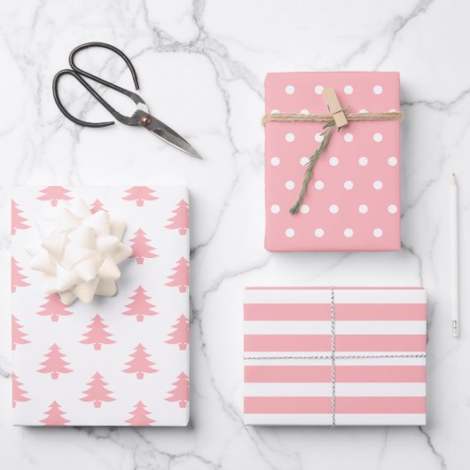 Moderne Pastel Pink Weihnachtsbäume gemischt Geschenkpapier Set (Vorderseite)