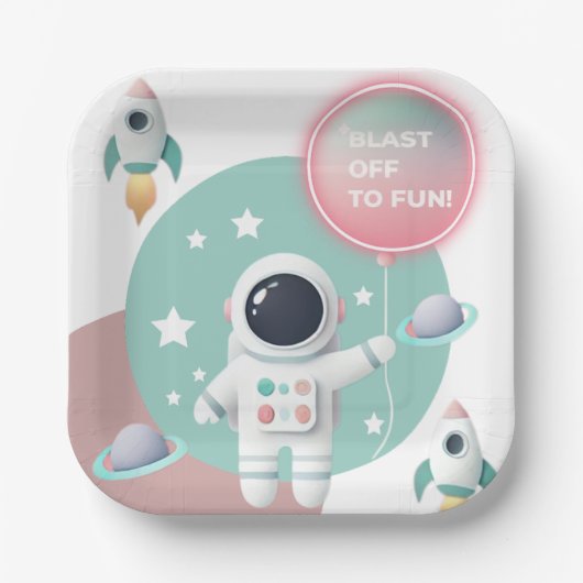 Moderne Pastel Space Explorer Kinderdusche Pappteller (Vorderseite)