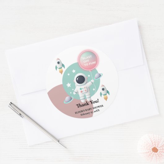 Moderne Pastel Space Explorer Kinderdusche Runder Aufkleber (Umschlag)