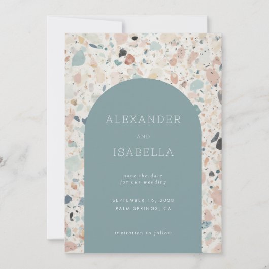Moderne Pastel Terrazzo geklatschte Musterhochzeit Save The Date (Vorderseite)