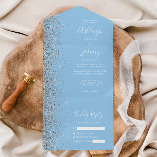 Moderne Pastell-Babyblau-Silber-Glitter-Hochzeit All In One Einladung