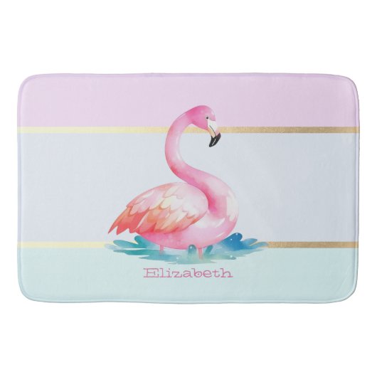 Moderne Pastell-Gestreift,Rosa Flamingos Badematte (Vorderseite)