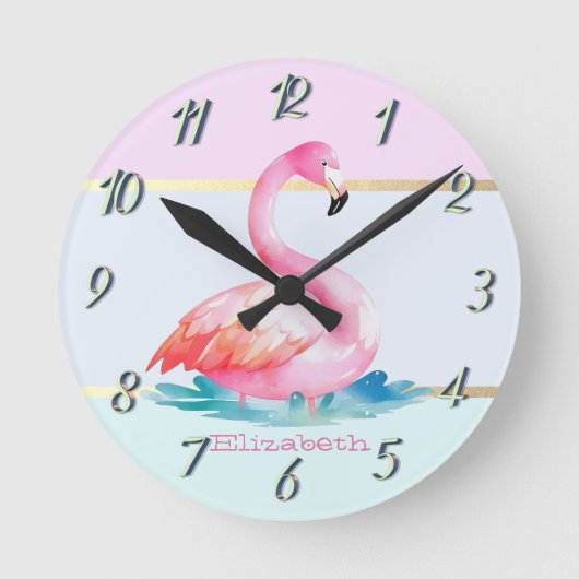 Moderne Pastell-Gestreift,Rosa Flamingos Runde Wanduhr (Vorderseite)