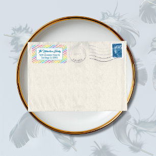 Moderne Pastell-Gingham-Regenbogen-Baby-Shower-Par Adressaufkleber