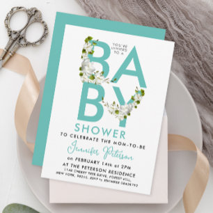 Moderne Pastell Türkis Baby Blumen Kühne Typo Einladung