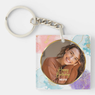 Moderne Pastell- und Gold-Glitter-Foto-Name-Birthd Schlüsselanhänger
