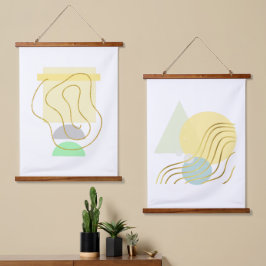 Moderne Pastelle und Gold Abstrakt Wandteppich Mit Holzrahmen