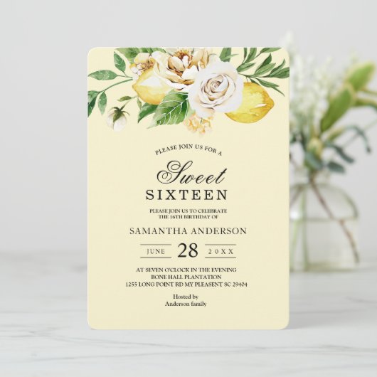 Moderne pastellfarbene, gelbe Zitronen und Leaf Einladung (Stehend Vorderseite)