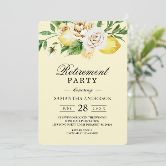 Moderne pastellfarbene, gelbe Zitronen und Leaf Einladung (Stehend Vorderseite)