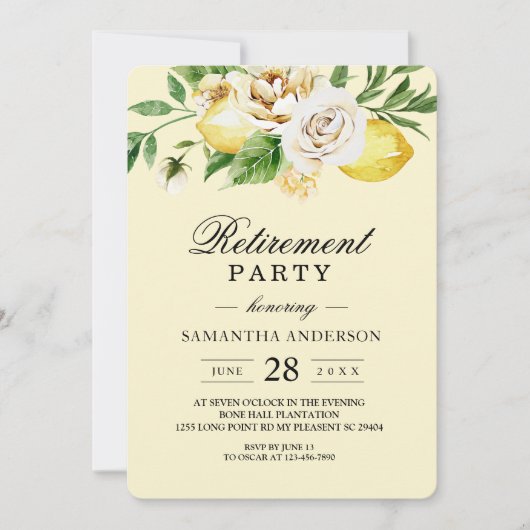 Moderne pastellfarbene, gelbe Zitronen und Leaf Einladung (Vorderseite)