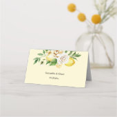 Moderne pastellfarbene, gelbe Zitronen und Leaf Platzkarte (Rückseite)