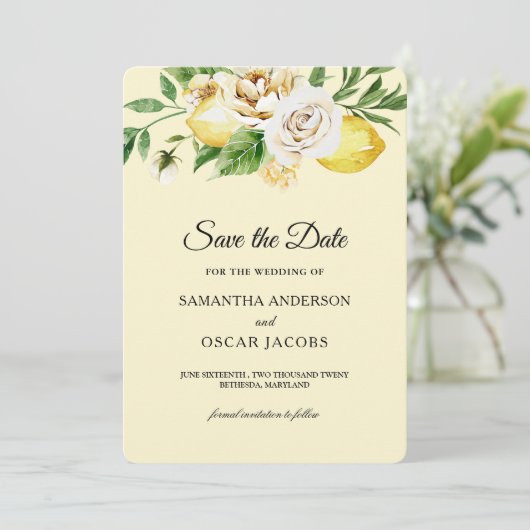 Moderne pastellfarbene, gelbe Zitronen und Leaf Save The Date (Stehend Vorderseite)