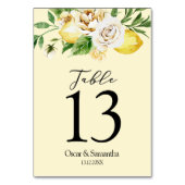 Moderne pastellfarbene, gelbe Zitronen und Leaf Tischnummer (Rückseite)