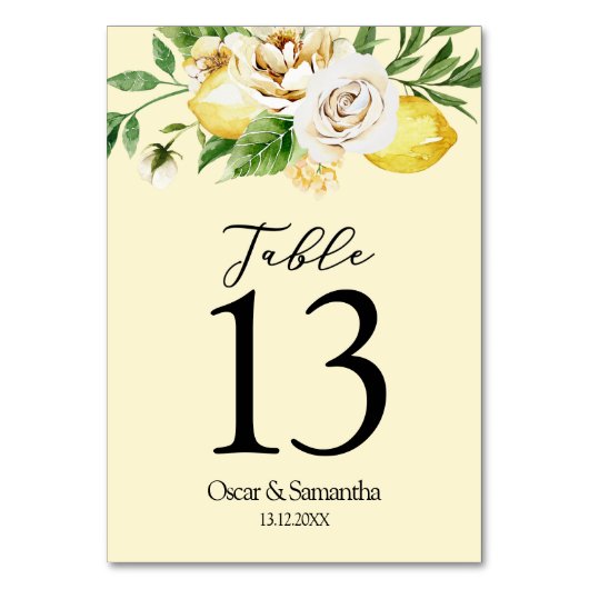 Moderne pastellfarbene, gelbe Zitronen und Leaf Tischnummer (Rückseite)