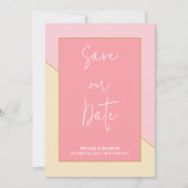 Moderne pastellfarbene Pink Gold Foto Script Hochz Save The Date (Vorderseite)