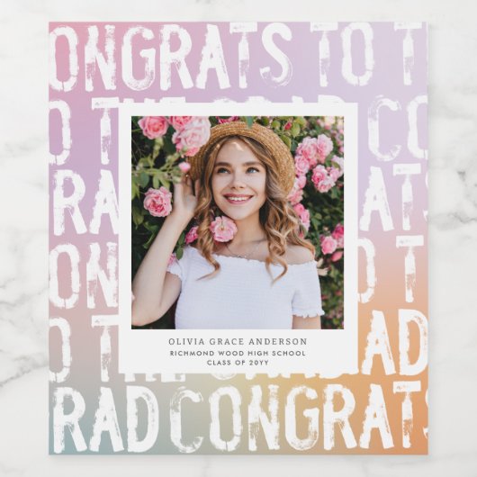 Moderne pastellfarbene Regenbogen-Rosa-Foto-Abschl Weinetikett (Einzelnes Label)