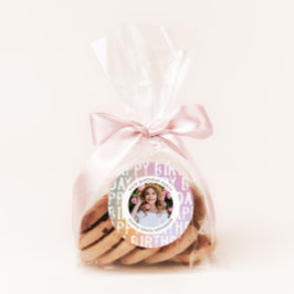 Moderne pastellfarbene Regenbogen-Rosa Foto Geburt Runder Aufkleber