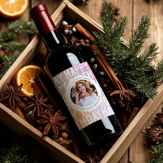 Moderne pastellfarbene Regenbogen-Rosa Foto Geburt Weinetikett