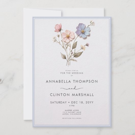 Moderne pastellfarbene Wildblumen Blaue Hochzeit Einladung (Vorderseite)