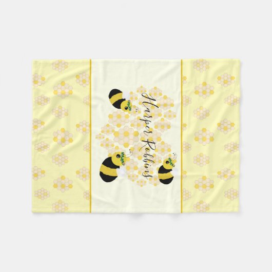 Moderne pastellgelbe Hummelbienen - Honigwabenherz Fleecedecke (Vorderseite (Horizontal))