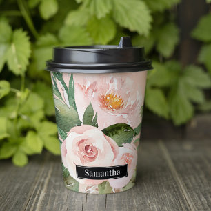 Moderne pastellrosa Aquarellfarben - Blume und Nam Pappbecher