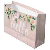 Moderne pastellrosa Blume Hallo und Sie nennen Große Geschenktüte (Vorderseite Schrägansicht)