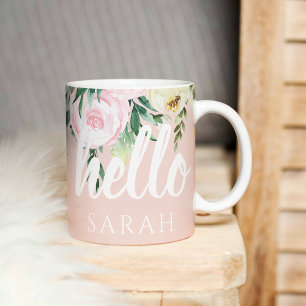 Moderne Pastellrosa Blumen Hallo Und Dein Name Kaffeetasse