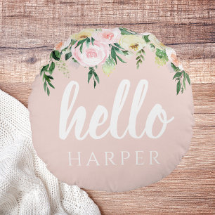 Moderne Pastellrosa Blumen Hallo und dein Name Rundes Kissen