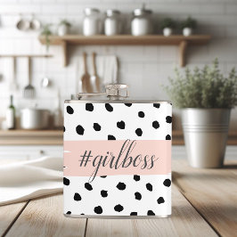 Moderne pastellrosa Girl Boss & Black Dots Flachmann