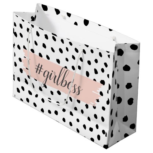 Moderne pastellrosa Girl Boss & Black Dots Große Geschenktüte (Vorderseite Schrägansicht)