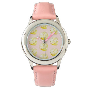 Moderne pastellrosa und gelbe Zitronen Muster Armbanduhr