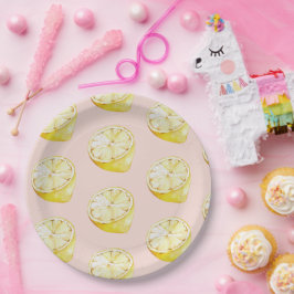 Moderne pastellrosa und gelbe Zitronen Muster Pappteller
