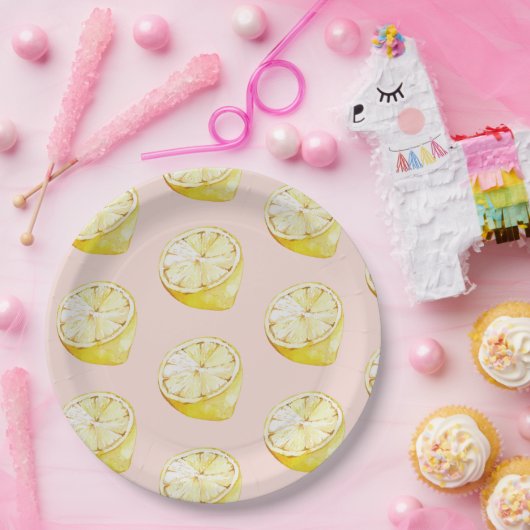 Moderne pastellrosa und gelbe Zitronen Muster Pappteller (Party)