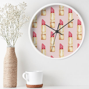 Moderne Pastellrosa und rote Lippenstift-Pattern M Runde Wanduhr