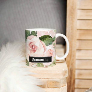 Moderne Pastellrosa Wasserfarben Blumen & Name Kaffeetasse