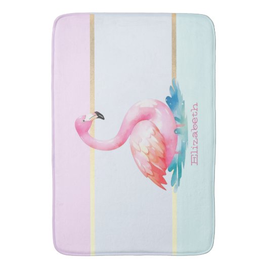 Moderne Pastellstreifen, rosa Flamingos Badematte (Vorderseite Vertikal)