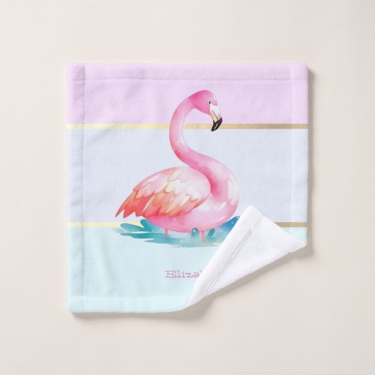 Moderne Pastellstreifen, rosa Flamingos Badhandtuch Set (Waschlappen)