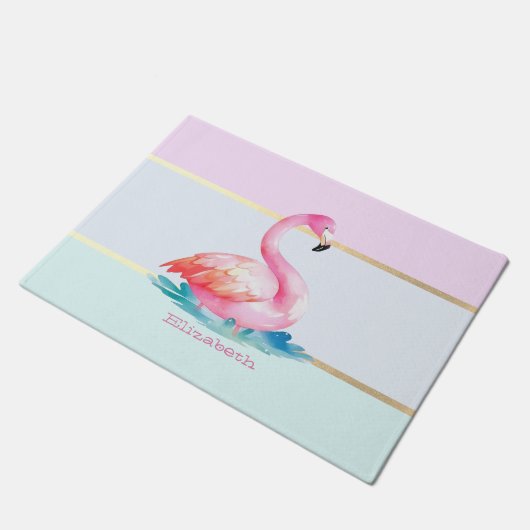 Moderne Pastellstreifen, rosa Flamingos Fußmatte (Schrägansicht)