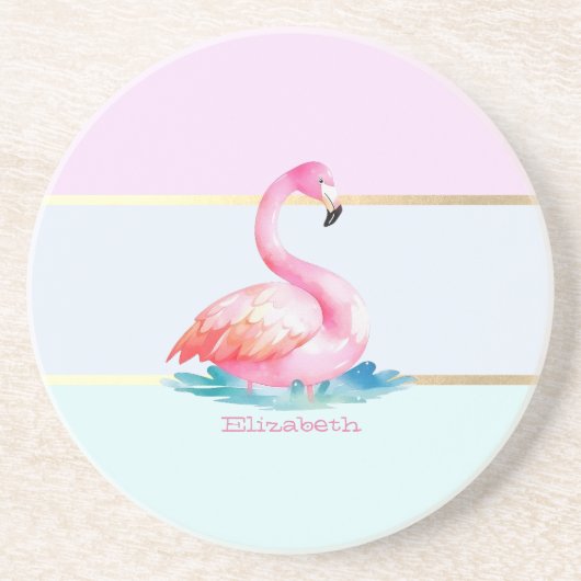Moderne Pastellstreifen, rosa Flamingos Getränkeuntersetzer (Vorne)